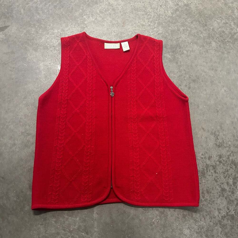 Studio Works Vintage Red 100% Boiled Wool Full Zip Cable Knit Vest Size L